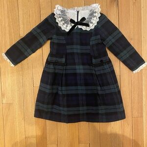 La Coqueta Plaid Dress with Lace Collar, size 5